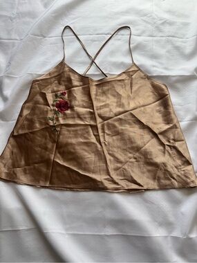Embroidered Rose Satin Cami in Light Brown